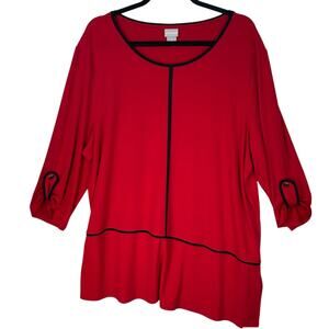 Chicos Tunic Top Womens Size 4 XXL Red Black Asymmetric Hem 3/4 Sleeve Slinky